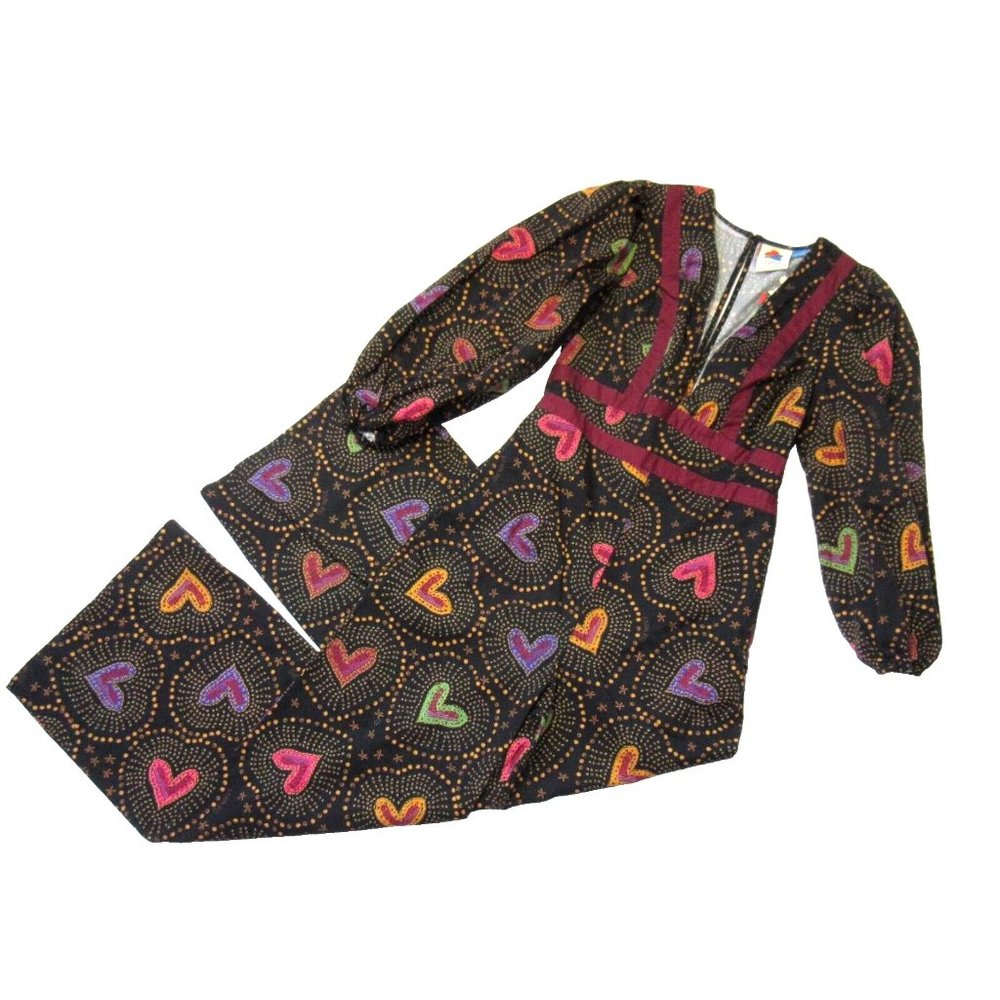 FARM Rio Black Heart-Print Long-Sleeve Jumpsuit with Pink & Orange Accents